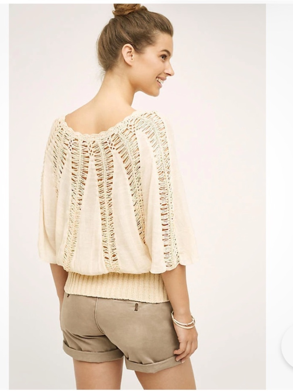 Anthropologie Cream Open-Weave Crochet Back Knit Top